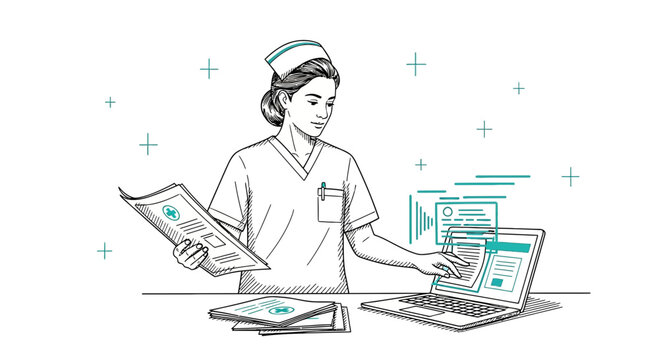 Nurse Using Laptop and Medical Documents for Healthcare Research and Administration