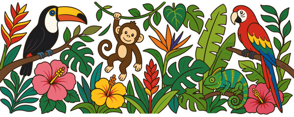 Fototapeta premium Vibrant jungle scene with toucan, monkey, parrot, and chameleon among tropical plants
