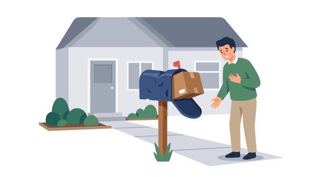 Confused man checking mailbox with cardboard parcel package. EPS Editable. Vector Illustrations.
