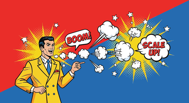 Pop Art Businessman Shouting "Scale Up!" and "Boom!" with Explosions