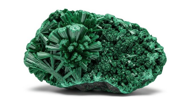 Vibrant Green Malachite Crystal Specimen with Acicular and Botryoidal Formations Isolated on White Background