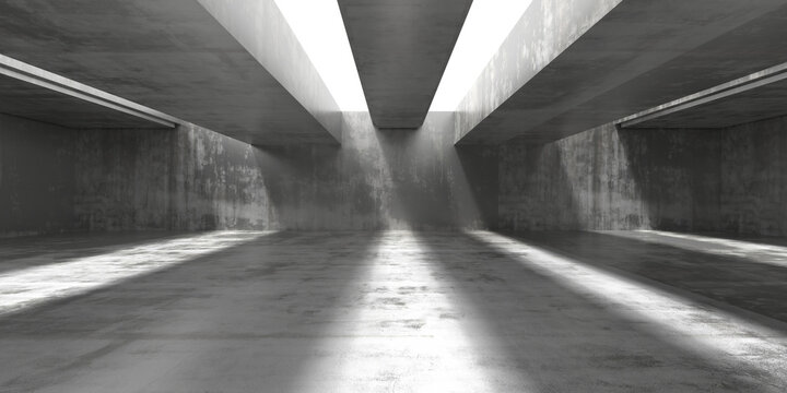 Large concrete hall with parallel light beams from skylights for industrial background and architectural visualization .3d render