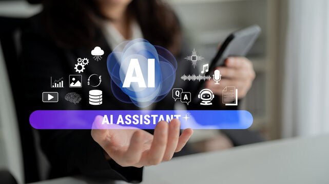 Person Using Smartphone with AI Assistant Innovations and Icons Representing Technology and Communication Tools in Modern Office Setting Fluxor.