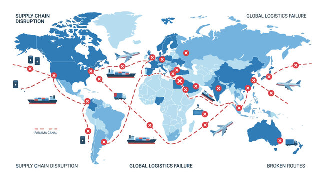 Global Supply Chain Disruption and Logistics Failure Infographic Map. EPS Editable. Vector Illustrations.