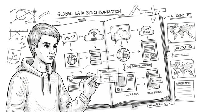 Man sketching global data synchronization diagram on whiteboard