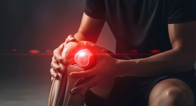Acute knee injury and patellar pain visualization. Sports trauma and physical rehabilitation. Man in athletic wear holding a painful knee with a bright red glowing focal point