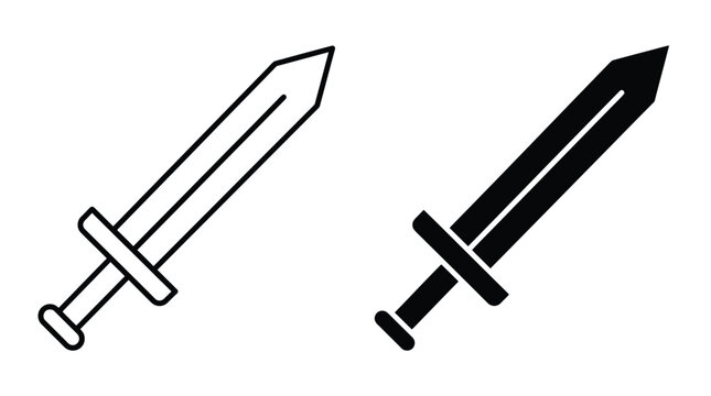 Simple sword icons featuring both outline and solid black shapes for modern digital graphic design projects