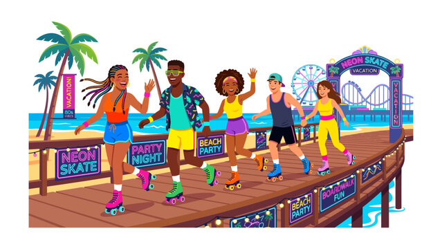 Retro Roller Skating Fun: A vibrant group of friends enjoy a sunny day roller skating on a boardwalk by the beach, with palm trees and a Ferris wheel in the background, capturing a nostalgic.