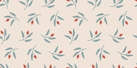 Fototapeta premium Rosehip seamless pattern with slender blue green branches, small red berries, and scattered botanical sprigs on a soft cream background, featuring a delicate vintage floral repeat.