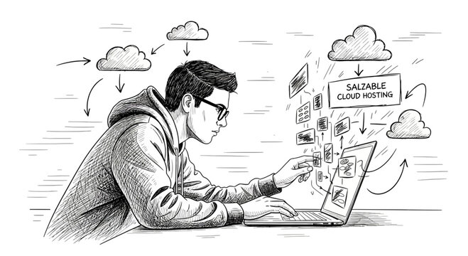 Man uses laptop for cloud computing and data flow, tech sketch illustration