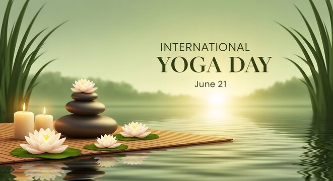 International yoga day illustration with lotus flowers and zen stones
