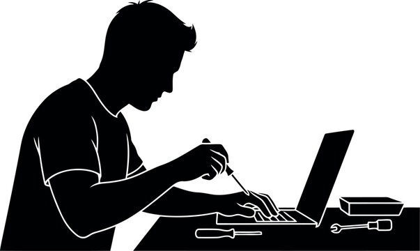 Silhouette of Technician Repairing Laptop with Tools Isolated on White Background Vector Illustration