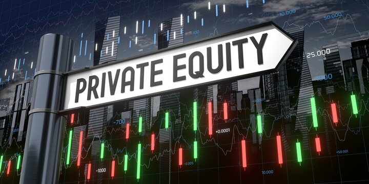 Private equity - signpost and financial data - 3D illustration
