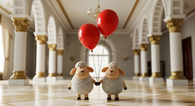 Two cartoon sheep holding red balloons in a luxurious hallway with columns
