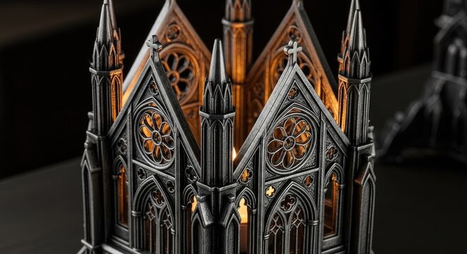 Intricate gothic architecture miniature illuminated with warm interior glow