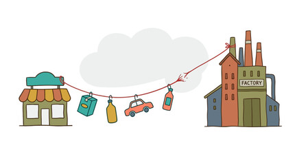 Fototapeta premium Supply Chain Illustration with Factory and Retail Shop Connected by Rope. EPS Editable. Vector Illustrations.