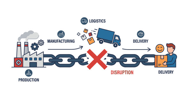 Supply Chain Disruption Concept with Broken Chain Illustration. EPS Editable. Vector Illustrations.
