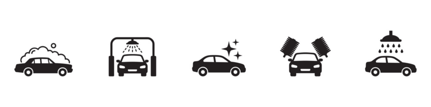 Car wash icon set. Auto cleaning service symbol. Automatic station with foam and brushes sign. Vector illustration. Vector Graphic. EPS 10