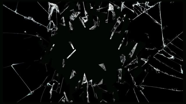 Shattered Glass Explosion Animation on Black Background, Abstract Breaking Glass Motion Graphics Effect, Realistic Glass Fracture Visual Background Loop

