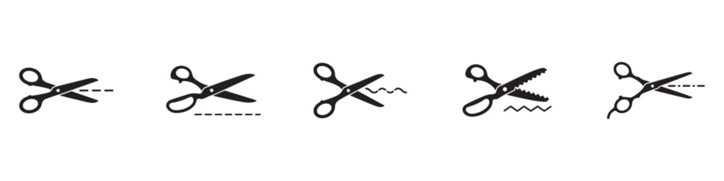 Scissors cut lines black symbols set. Isolated scissor cutting paper with dotted line icons on white background. Coupon sales signs, packaging label concept. Vector illustration. EPS 10