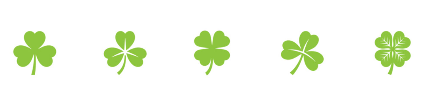 Clover leaf icon set. Saint Patrick's Day symbols. Lucky four leaf and traditional three leaf shamrock collection. Irish holiday design elements. Vector illustration. Vector Graphic. EPS 10
