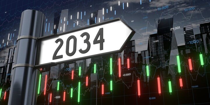 2034 - signpost and financial data - 3D illustration