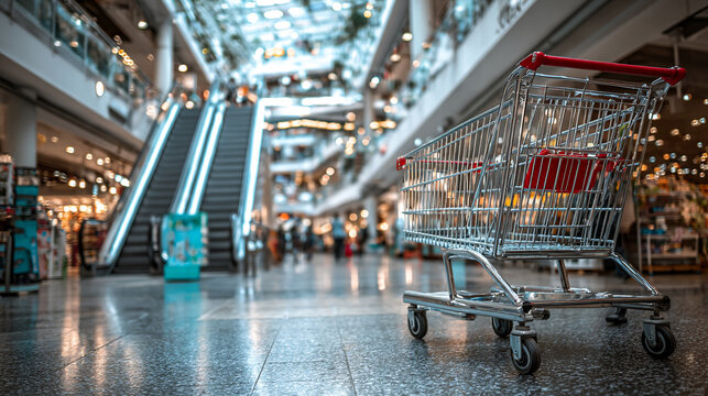 Shopping cart sits on the polished stone floor of a large shopping mall with a prominent red handle and blurred escalators rising toward the upper levels of the retail building architecture.
