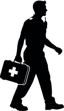 Silhouette of emergency medical responder walking with first aid kit isolated on white background