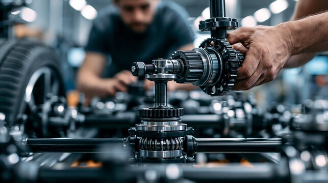 Medium shot showing hands mounting independent suspension parts with precision on metal frames emphasizing modern automotive assembly workflow.