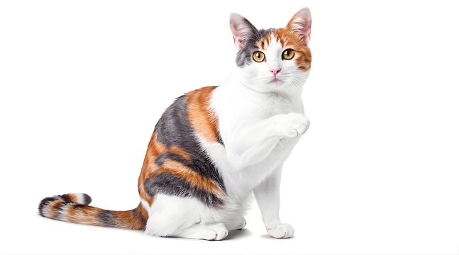 A beautiful calico cat sitting and looking alert against a white background.
