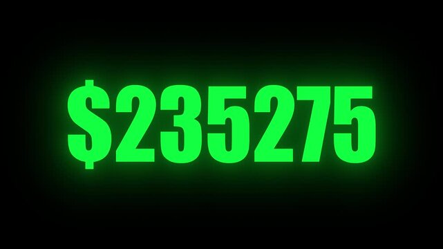 Glowing neon green 1 million dollar counter animation on a solid black background. Perfect for financial milestones, business video editing, and wealth growth graphics.