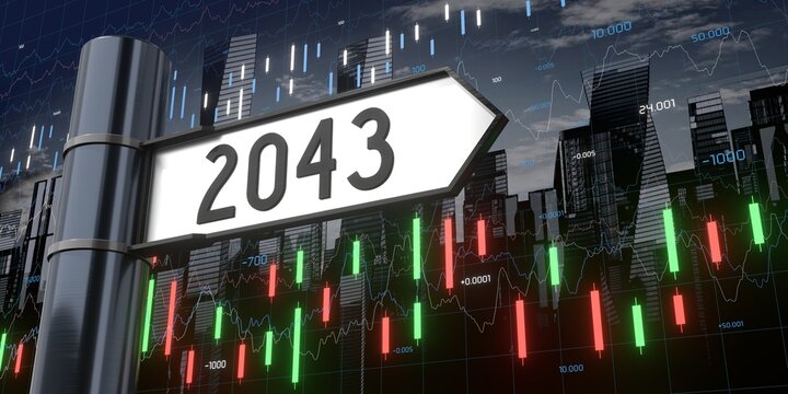 2043 - signpost and financial data - 3D illustration