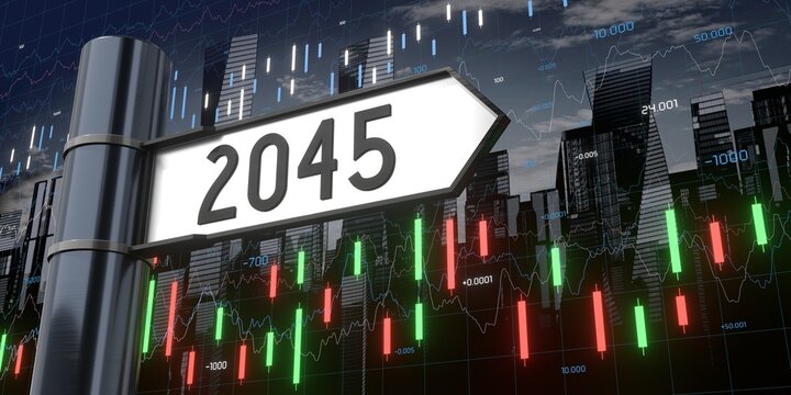 2045 - signpost and financial data - 3D illustration