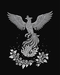 Fototapeta premium Decorative phoenix firebird with ornate wings and floral ornaments on black background