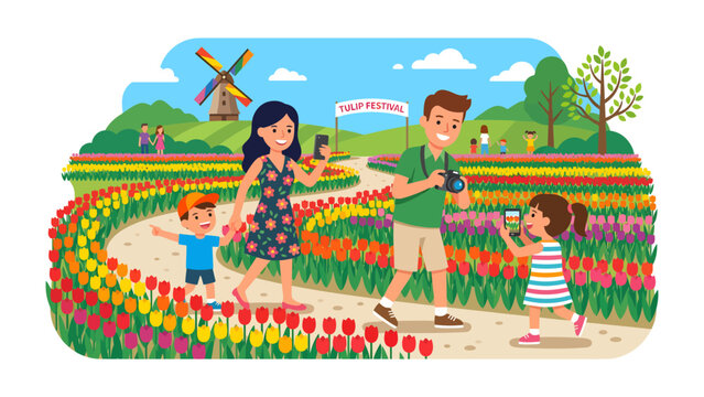 Tulip Festival Family Fun: A cheerful family strolls through a vibrant tulip field during a sunny festival, with a windmill in the background. Everyone is capturing memories with cameras and phones.