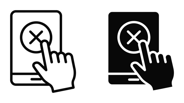 Hand tapping cancel button on phone screen vector icon