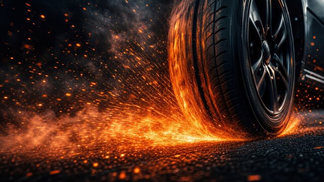 High performance rubber tyre spinning on dark asphalt creates blazing orange embers and cinematic fire sparks during intense high speed motion
