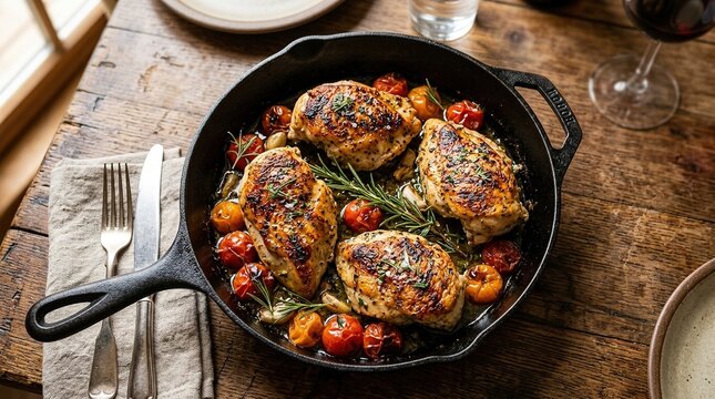 Roasted chicken breasts with cherry tomatoes and rosemary cooked in cast iron skillet served with glass of red wine on rustic wooden kitchen table for dinner.