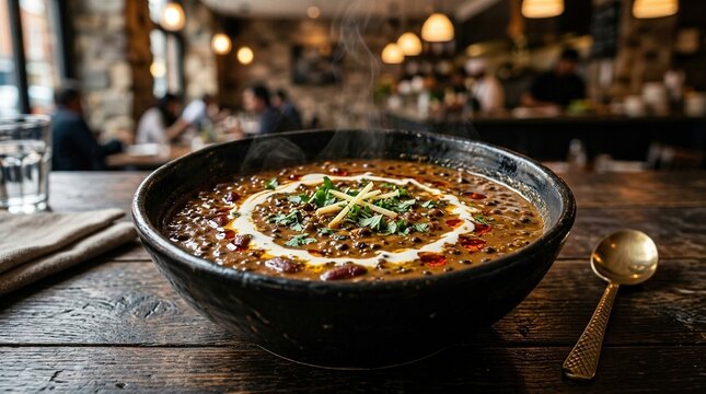 Black dal or creamy urad dal lentils cooked with spices cream and butter served in deep ceramic bowl on rustic wooden table for authentic indian restaurant menu.