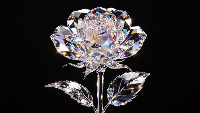 Beautiful holographic iridescent clear crystal glass rose with stem and leaves, diamond-cut gem-textured faceted petals, against pure black background, fantastical jewel flower concept