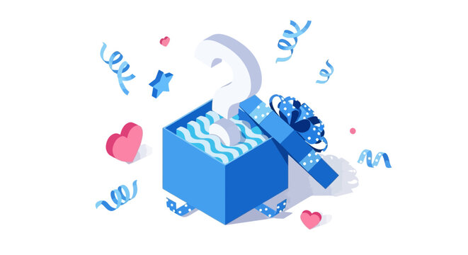 Isometric gift box reveals question mark concept illustration