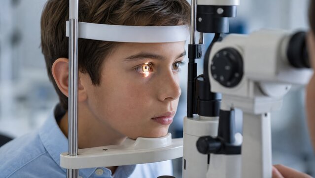 Young patient receives comprehensive eye examination with professional slit lamp equipment during routine vision checkup at modern ophthalmology clinic