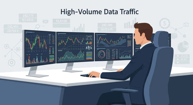Man monitoring high-volume data traffic on multiple computer screens