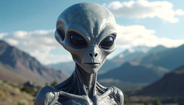 Gray Alien Figure Standing in Dramatic Mountain Landscape
