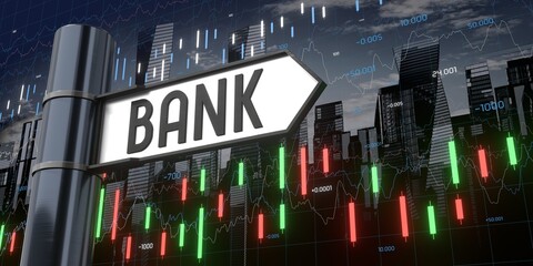 Bank - signpost and financial data - 3D illustration © PX Media