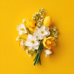 Fototapeta premium Close up of a bouquet of yellow and white flowers on a yellow background