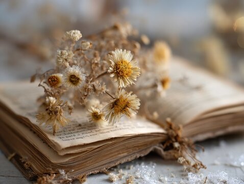 Dried flowers on antique book