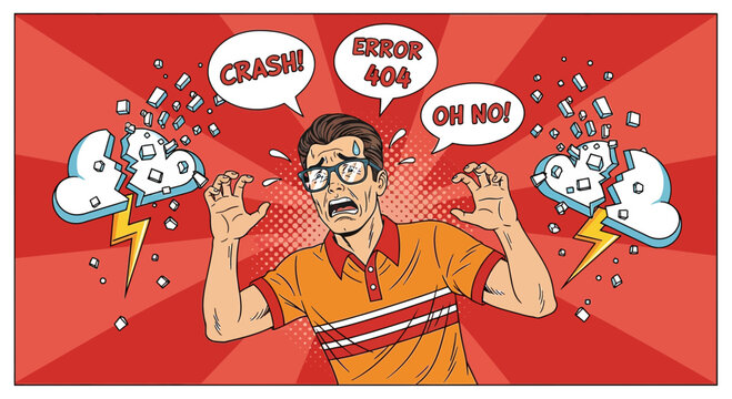 Man panicking over computer crash, 404 error, abstract pop art.