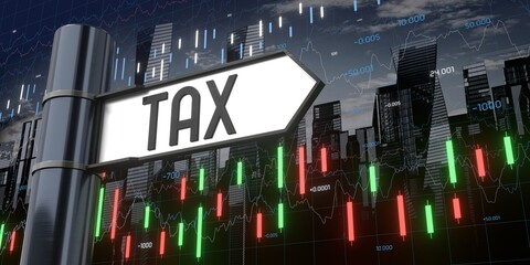 Tax - signpost and financial data - 3D illustration © PX Media