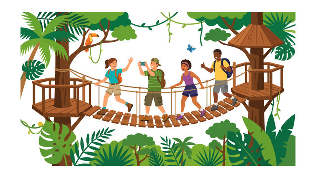 Jungle Adventure: A group of young explorers navigates a rope bridge suspended high above the lush jungle floor, surrounded by exotic flora and fauna, embarking on an exciting expedition